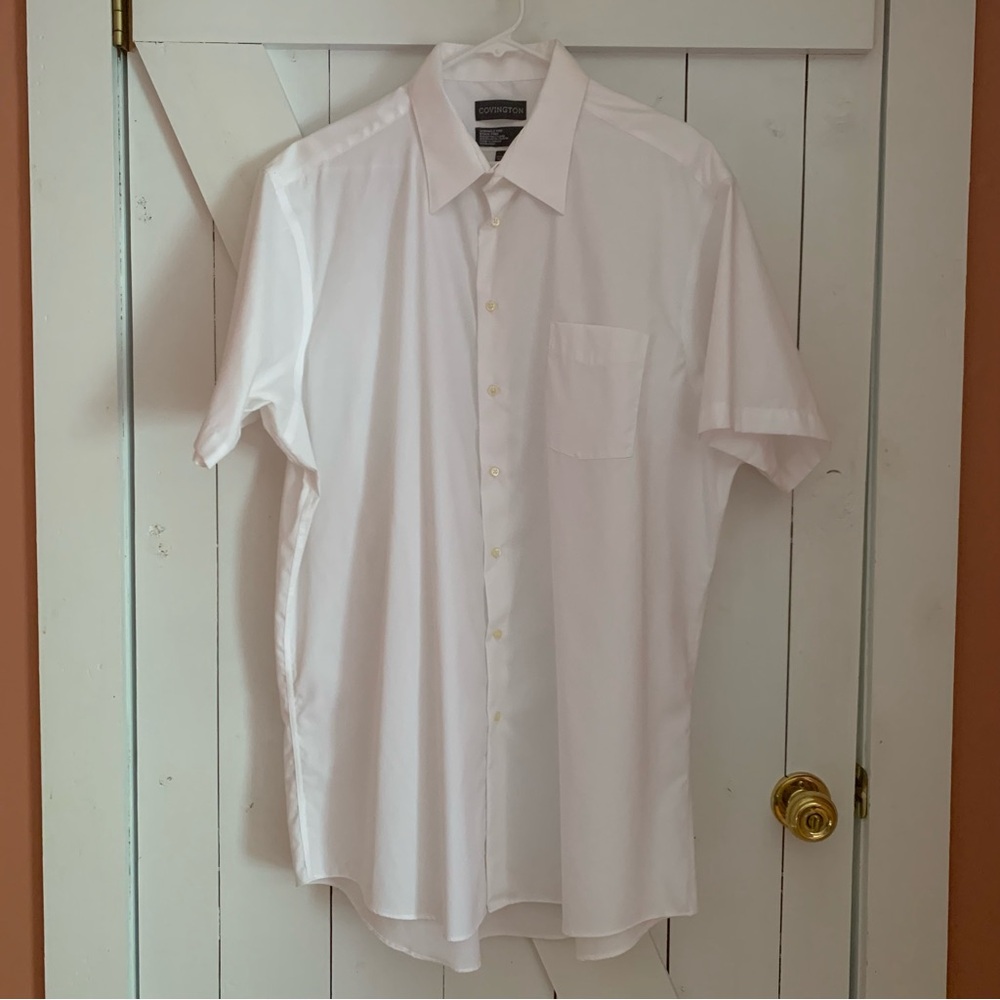 Men's Dress Shirt White Short Sleeve Button Down Collared Size 17 17.5